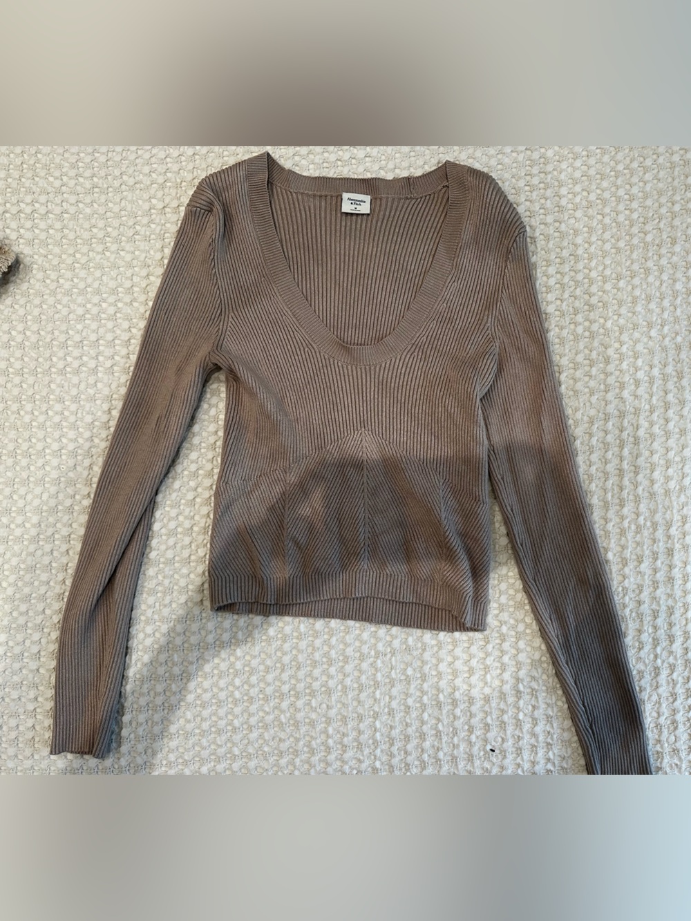 Abercrombie & Fitch Ribbed Scoop Neck Long Sleeve Top - Taupe
